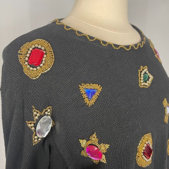 Vintage Sweater Womens Size Medium Black Rhinestone Embellished Bling Party 80s - Picture 5 of 13